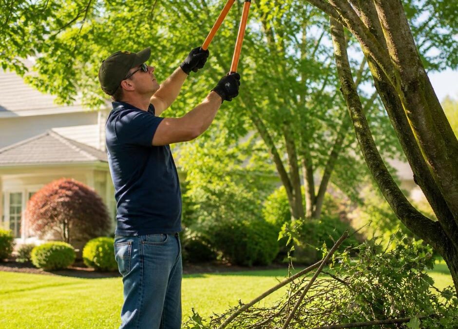 A man using scissors to trim the branches of a tree in a garden setting
